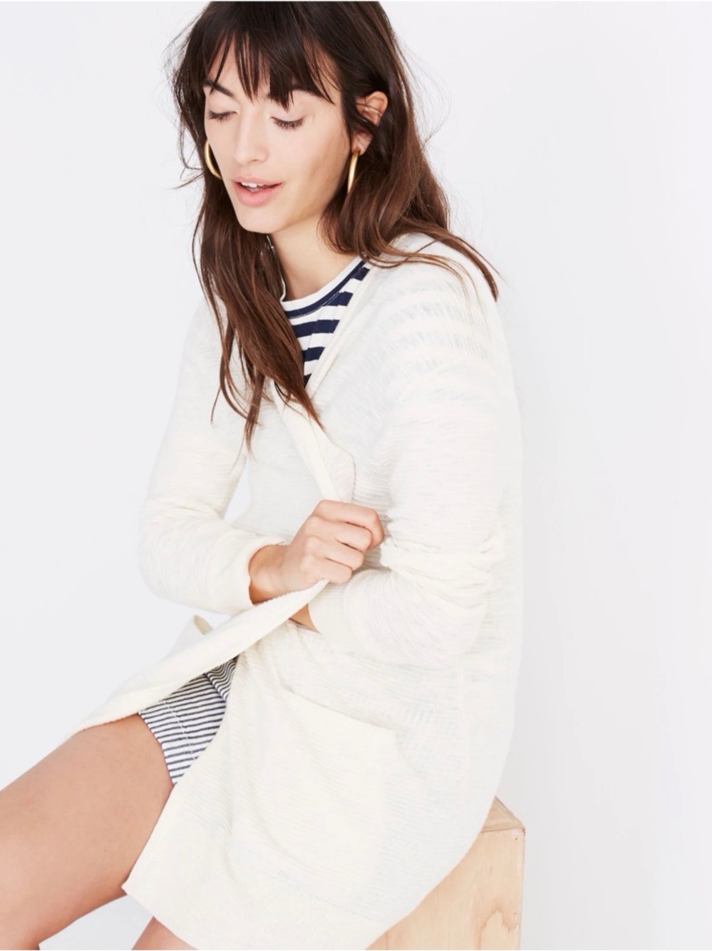 Madewell Summer Ryder Cardigan Sweater Stripe Pearl Ivory Open-Front Pocket SZ M - Picture 4 of 13